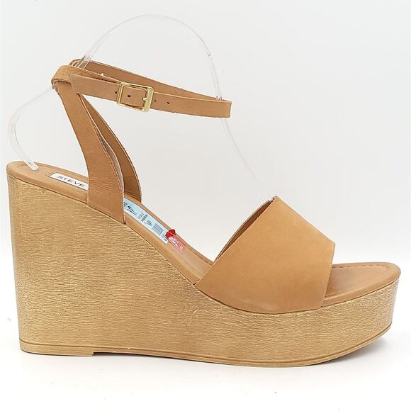 Steve Madden Women Strappy Wooden Wedge Sandals Welsh Size US 9.5 Camel Nubuck - Picture 2 of 6